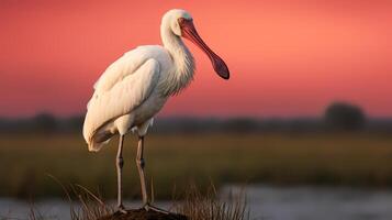 Photo of African Spoonbill on savanna at sunset. Generative AI