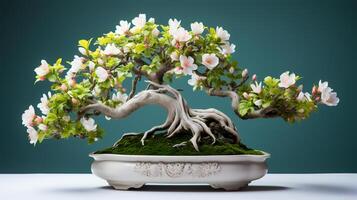 Photo of bonsai in minimalist pot as houseplant for home decoration isolated on blurry background. Generative AI