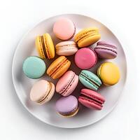 comida fotografía de macarons en plato aislado en blanco antecedentes. generativo ai foto