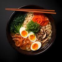 comida fotografía de ramen en oscuro cuenco aislado en oscuro antecedentes. generativo ai foto