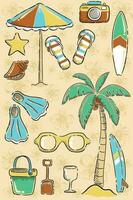 Set of beach vacations elements on flowers background pattern in hand drawing styles vector