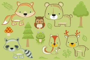 Group of woodland animals cartoon with forest elements in hand drawn style vector