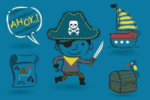 Vector set of piracy elements cartoon with funny pirate and parrot