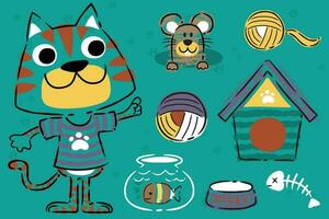 Funny cat and mouse with toys in hand drawn style vector