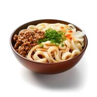 Food photography of Udon on brown bowl isolated on white background. Generative AI photo