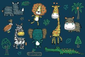 Group of safari animals cartoon with forest element in hand drawn style vector