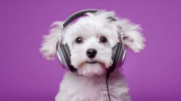 Photo of poodle dog using headphone  on purple background. Generative AI