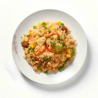 Photo of Fried Rice on plate  isolated on white background. Created by Generative AI