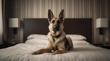 alemán pastor perro acostado en cama en hotel con contemporáneo interior diseño. generativo ai foto