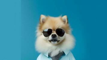 Photo of haughty pomeranian dog using glasses  and office suit on white background. Generative AI