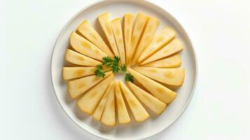 Photo of Parsnips sliced pieces on minimalist plate isolated on white background