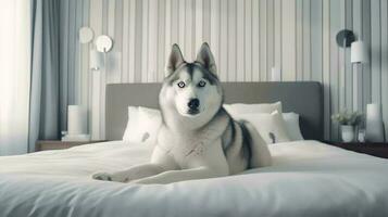 Siberian husky dog lying on bed in hotel with contemporary interior design. Generative AI photo