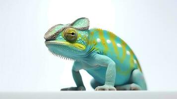 Photo of a chameleon on white background. Generative AI