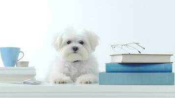 a maltese dog in a sweater sits studying accompanied by a cup and piles of books. Generative AI photo