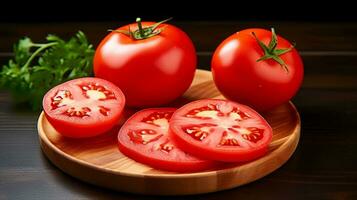 Photo of Tomatoes and slice of tomatoes on wooden plate  isolated on black background