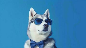 Photo of haughty siberian husky using glasses  and office suit on white background. Generative AI