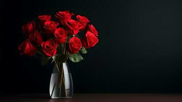 Photo of rose flowers in minimalist vase as houseplant for home decoration on black background. Generative AI