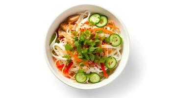 Food photography of pho on bowl isolated on white background. Generative AI photo