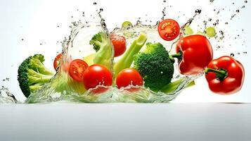 Photo of Tomatoes with broccoli with splash water isolated on white background