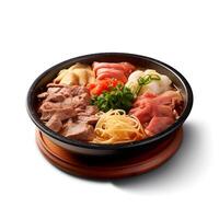 Food photography of Sukiyaki on black bowl isolated on white background. Generative AI photo