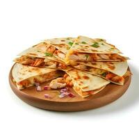Photo of Chicken Quesadilla on wooden board isolated on white background. Created by Generative AI