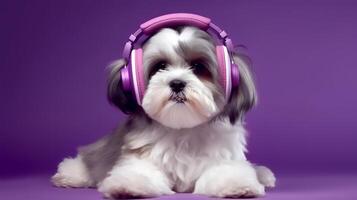 Photo of shih tzu using headphone  on purple background. Generative AI