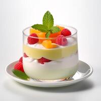 Food photography of Panna cotta on glass isolated on white background. Generative AI photo