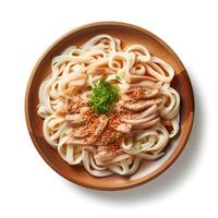 Food photography of Udon on brown bowl isolated on white background. Generative AI photo