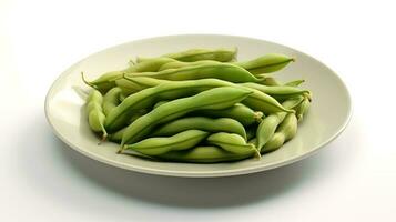 Photo of Green beans on minimalist plate isolated on white background