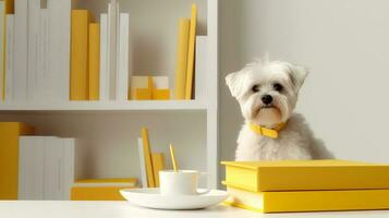 a bichon frise dog in a yellow clothes sits studying accompanied by a cup and piles of books. Generative AI photo