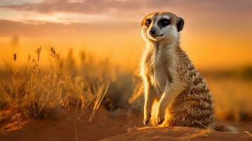 foto de suricata en sabana a puesta de sol. generativo ai