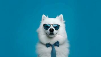 Photo of haughty samoyed dog using glasses  and office suit on white background. Generative AI