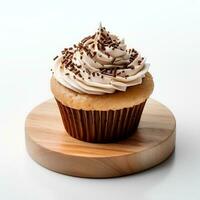Photo of cup cake on wooden board isolated on white background. Created by Generative AI