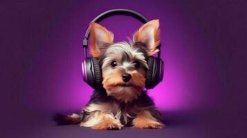 Photo of yorkshire terrier using headphone  on purple background. Generative AI