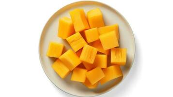 Photo of Butternut squash slices on plate isolated on white background