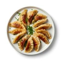 Photo of Gyoza on plate isolated on white background. Created by Generative AI