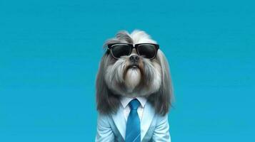 Photo of haughty lhasa apso dog using sunglasses  and office suit on white background. Generative AI
