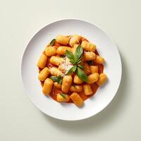 Photo of Gnocchi with sauce on plate isolated on white background. Created by Generative AI