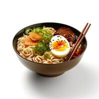 Food photography of Ramen on brown bowl isolated on white background. Generative AI photo