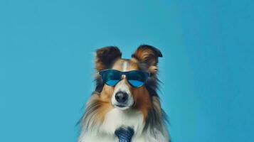 Photo of haughty rough collie dog using sunglasses  and office suit on white background. Generative AI