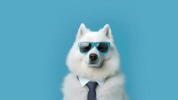 Photo of haughty samoyed dog using glasses  and office suit on white background. Generative AI