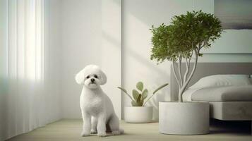 poodle dog standing in a minimalist living room with white tones. Generative AI photo