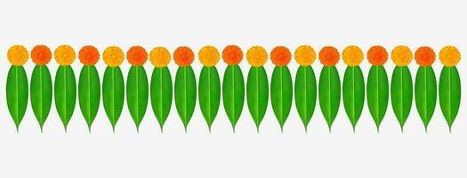 Traditional Indian Marigold Flower Garland with Mango leaves. Decoration for Indian hindu holidays or weddings or Puja Festival, Indian Festival flower decoration vector