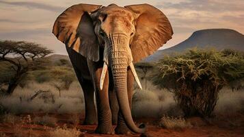 Photo of African Elephant on savanna at sunset. Generative AI