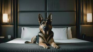 alemán pastor perro acostado en cama en hotel con contemporáneo interior diseño. generativo ai foto