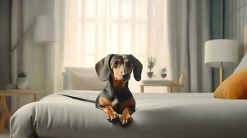 perro tejonero perro acostado en cama en hotel con contemporáneo interior diseño. generativo ai foto