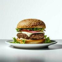 Photo of burger on plate isolated on white background. Created by Generative AI