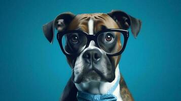 Boxer perro utilizando lentes en azul antecedentes. generativo ai foto