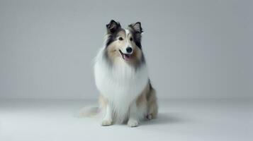 Photo of a rough collie on white background. Generative AI