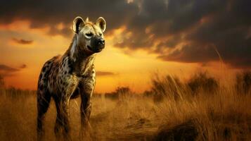 foto de hiena en sabana a puesta de sol. generativo ai